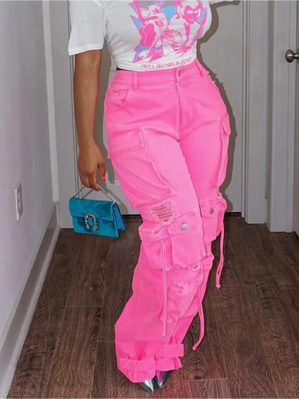 Womens Pink Cargo Pants with Distressed Detail - Picture 2 of 3